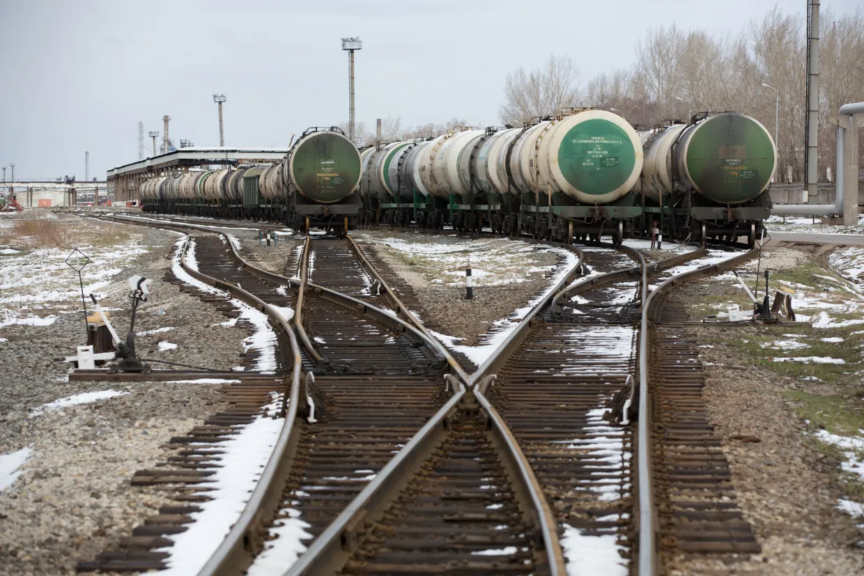 Gasoline tankers at an oil refinery&nbsp;in Ufa, Russia.