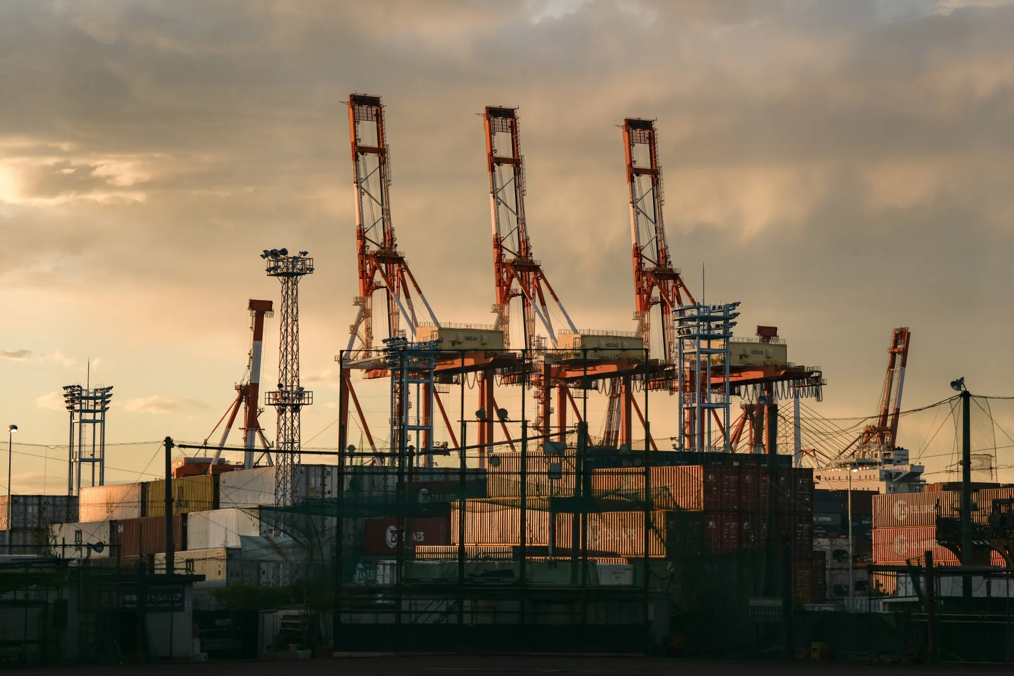 Gantry cranes at a shipping terminal in Yokohama, Japan.