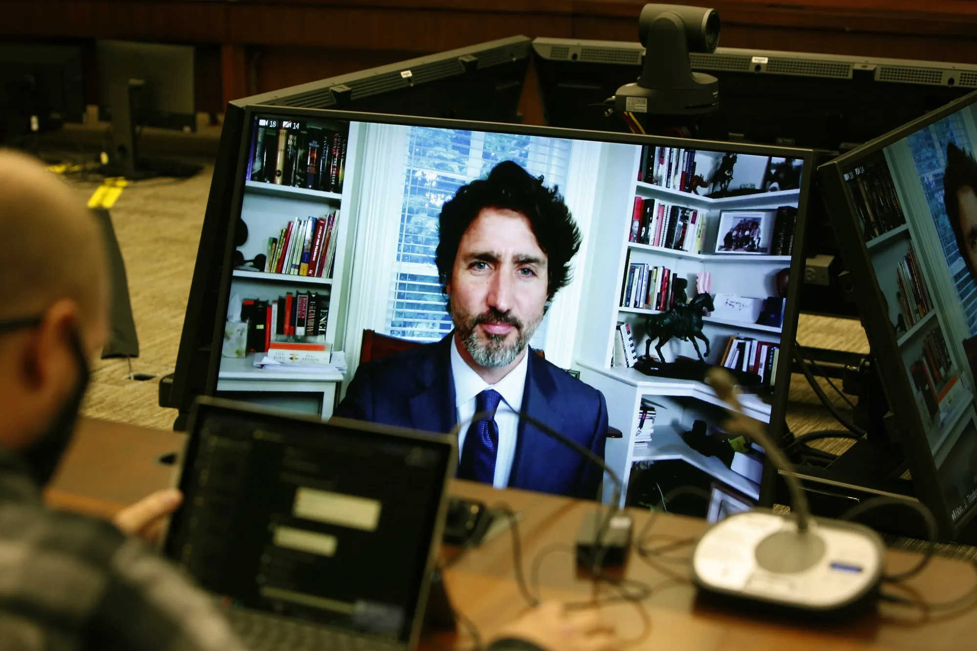 Justin Trudeau speaks to the House of Commons finance committee via video conference in Ottawa on July 30.