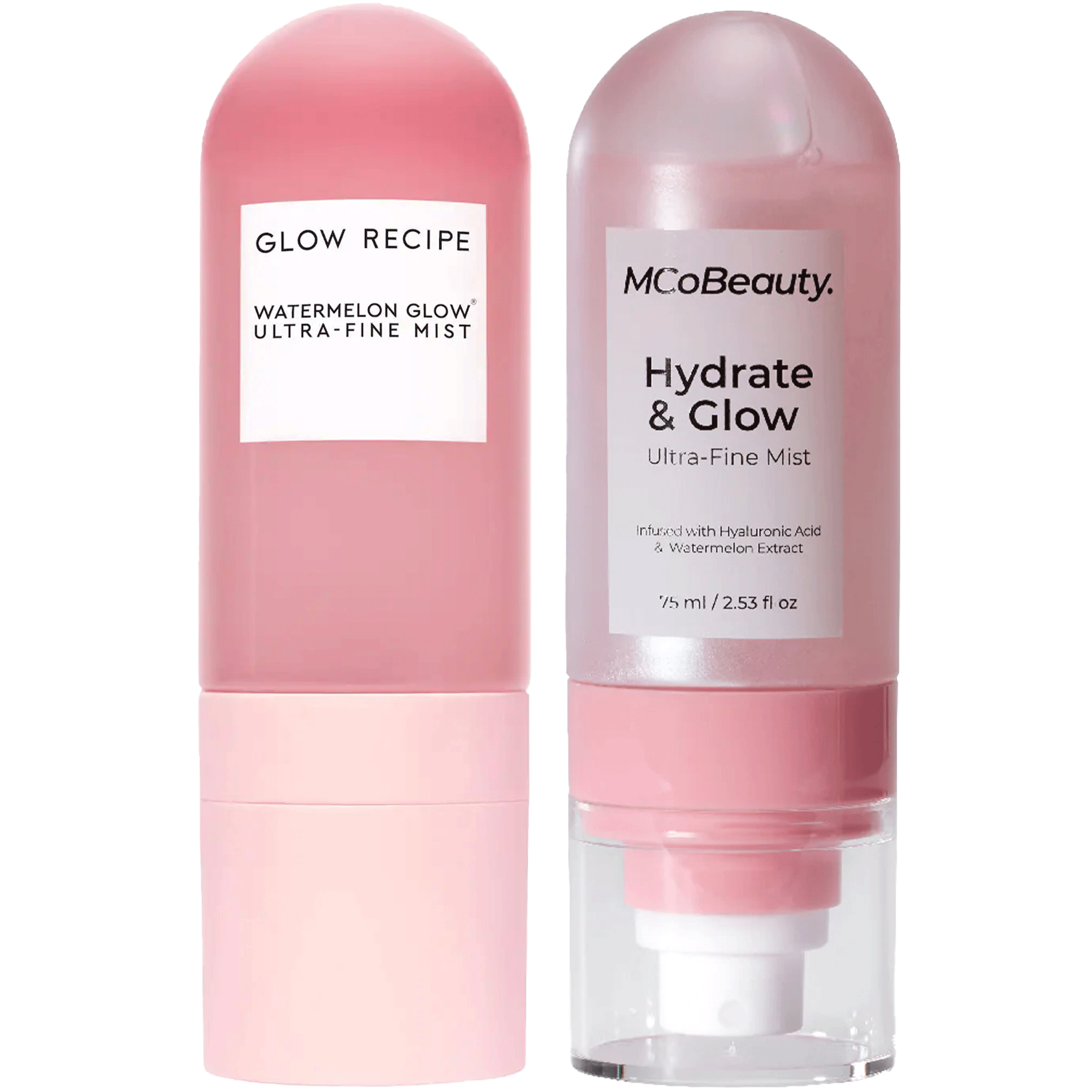 Glow Recipe’s Watermelon Glow Ultra-Fine Mist next to MCo’s Hydrate & Glow Ultra-Fine Mis