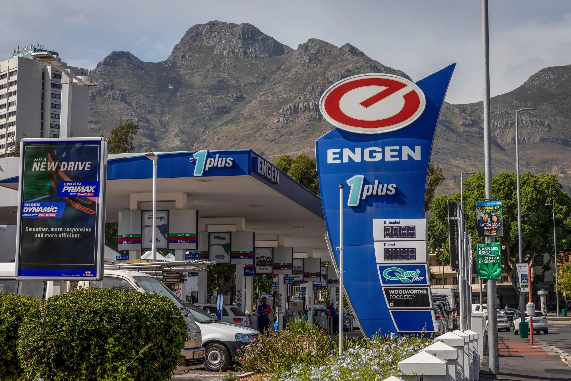 An Engen Ltd. gas station, beneath Table Mountain in Cape Town, South Africa.