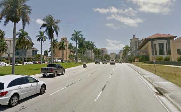 When state DOTs bring streets through cities, they apply highway standards (above, Okeechobee Boulevard in West Palm Beach, Florida).