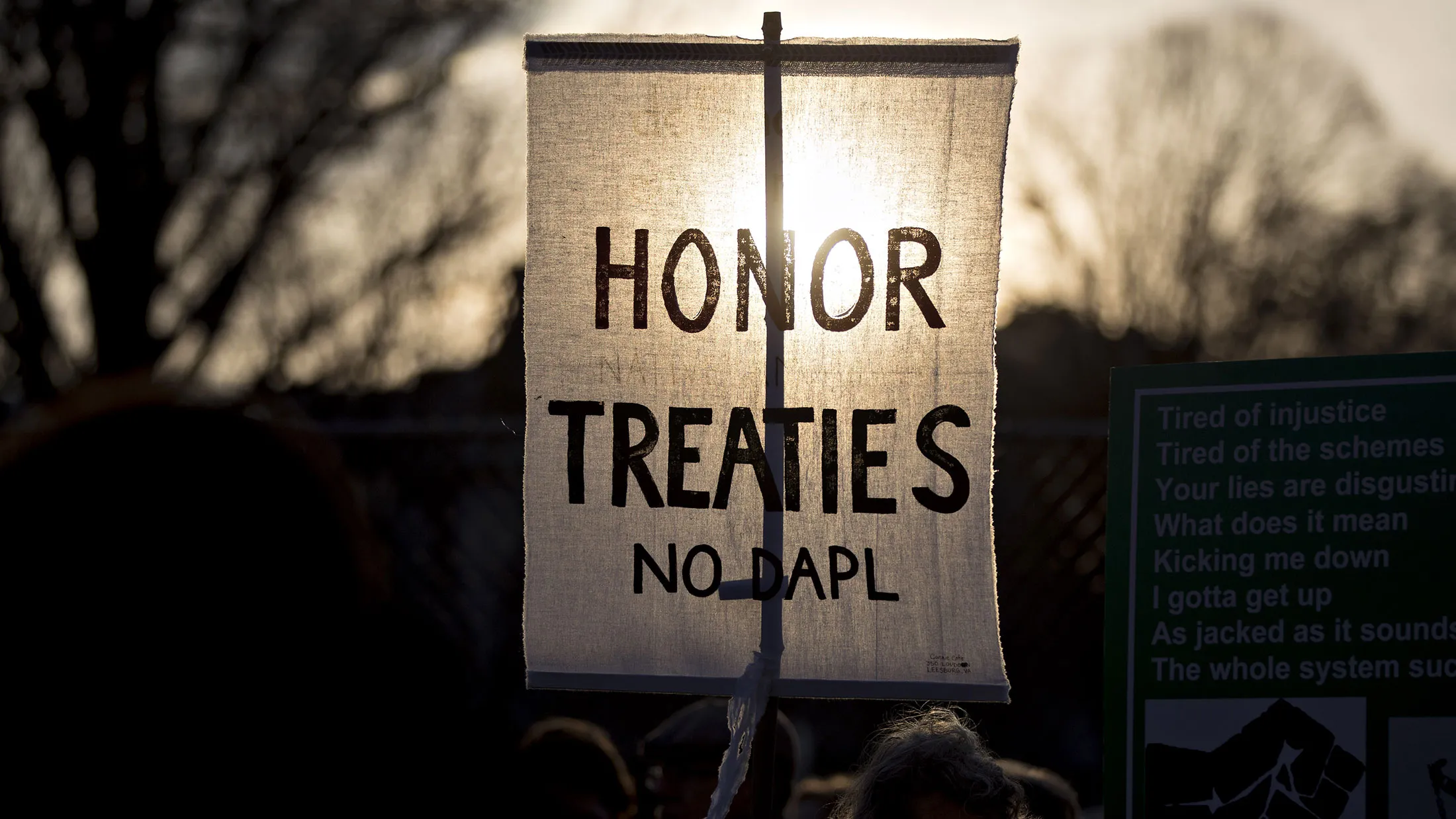A demonstrator holds a sign during a protest against the building of the Dakota Access pipeline (DAPL) near the White House in Washington on Feb. 8, 2017.
