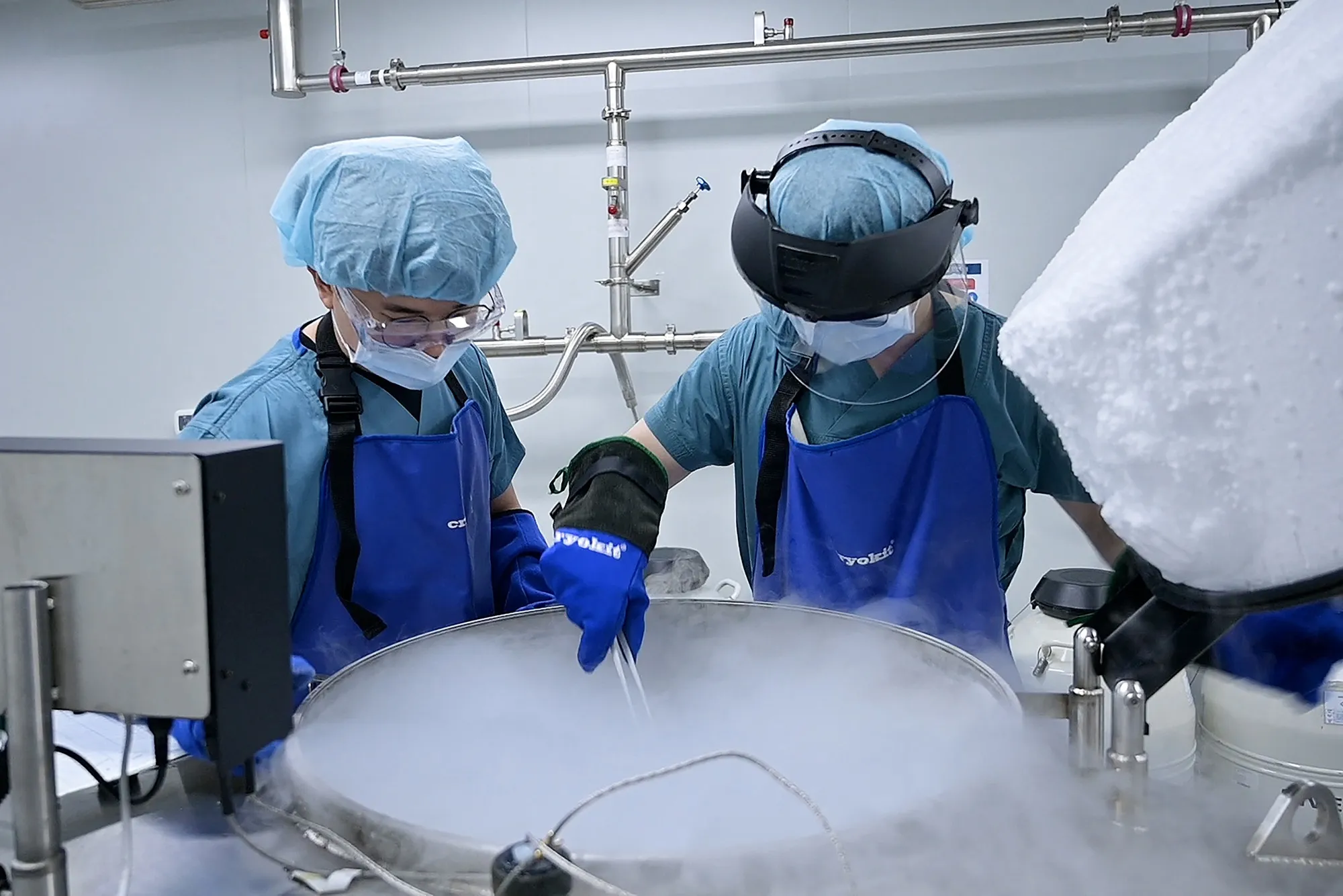 Researchers check frozen eggs at a fertility research lab in Seongnam.