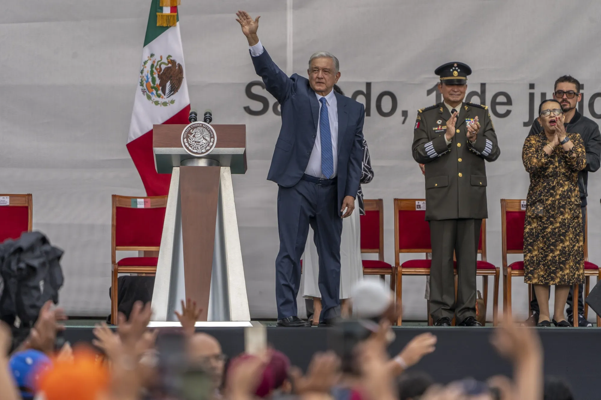Mexican President Andres Manuel Lopez Obrador at a rally celebrating his five years in Mexico City&nbsp;on July 1, 2023.&nbsp;&nbsp;