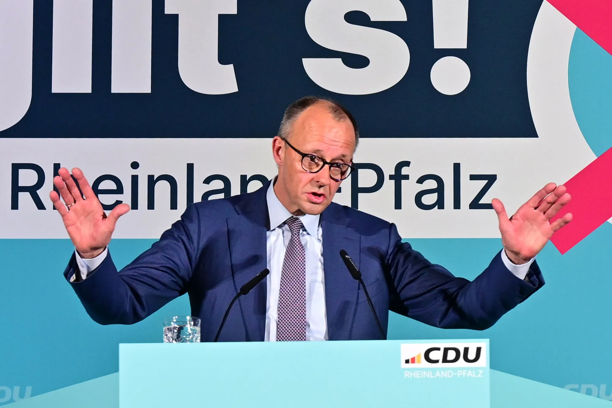 Friedrich Merz speaks at a campaign rally in Bad Duerkheim on March 21.