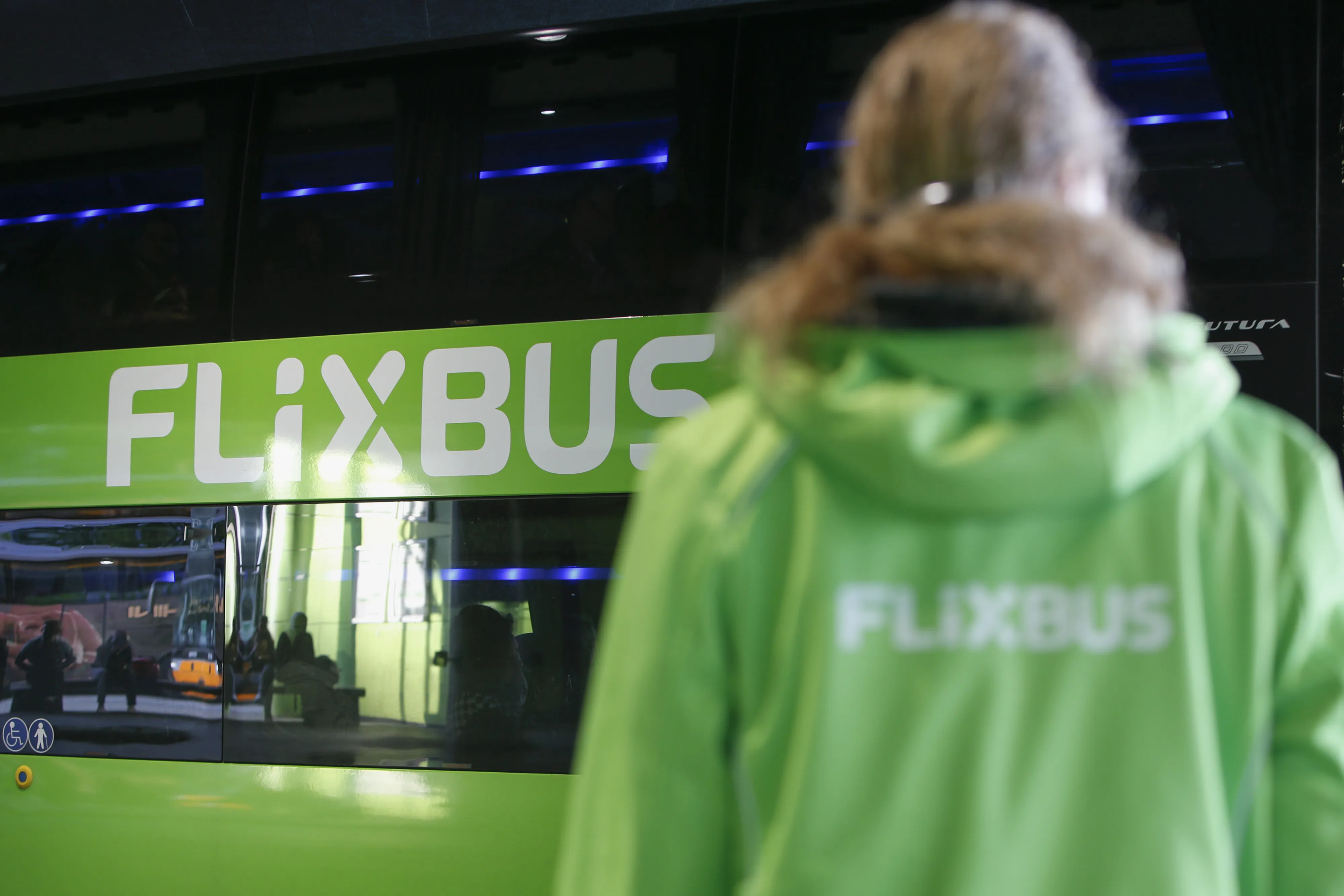 A FlixBus passenger bus at Munich central bus station.