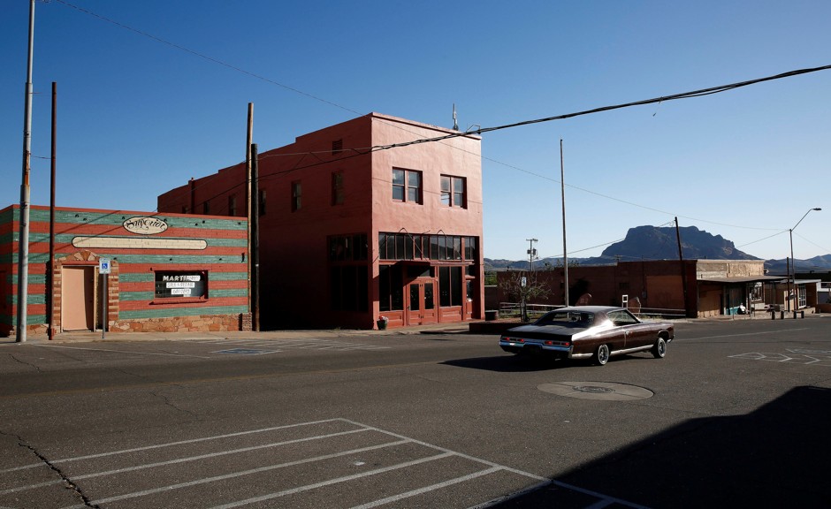 Vacant stores line Main Street in the historic mining town of Superior, Arizona, in 2017.