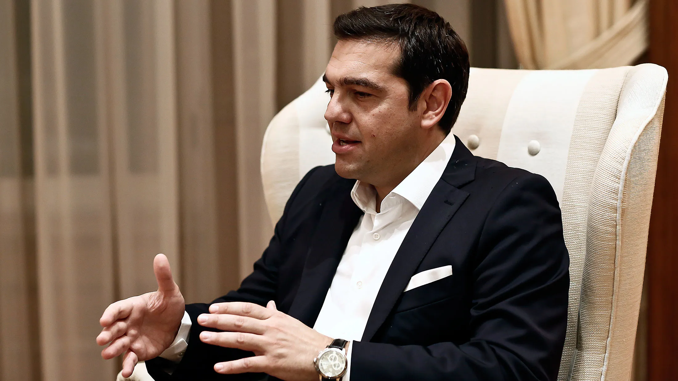 Alexis Tsipras, Greece's prime minister, during a handover meeting with Vasiliki Thanou, Greece's interim prime minister, at Maximos mansion in Athens, Greece, on Sept. 21, 2015.

