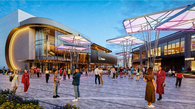 A rendering showing the exterior of Cosm entertainment venue at Centennial Yards. 