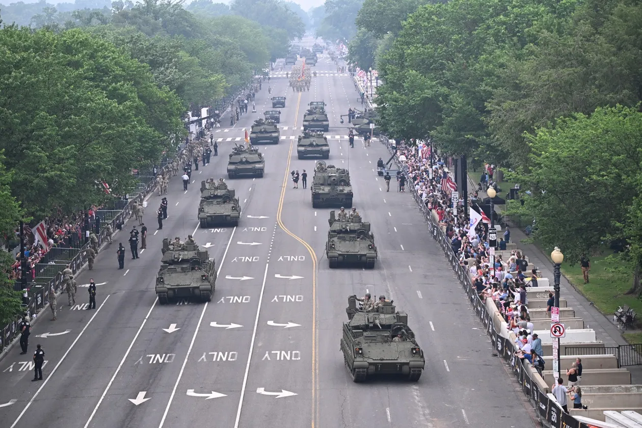 Armored vehicles drive during the Army 250th Anniversary Parade in Washington.&nbsp;