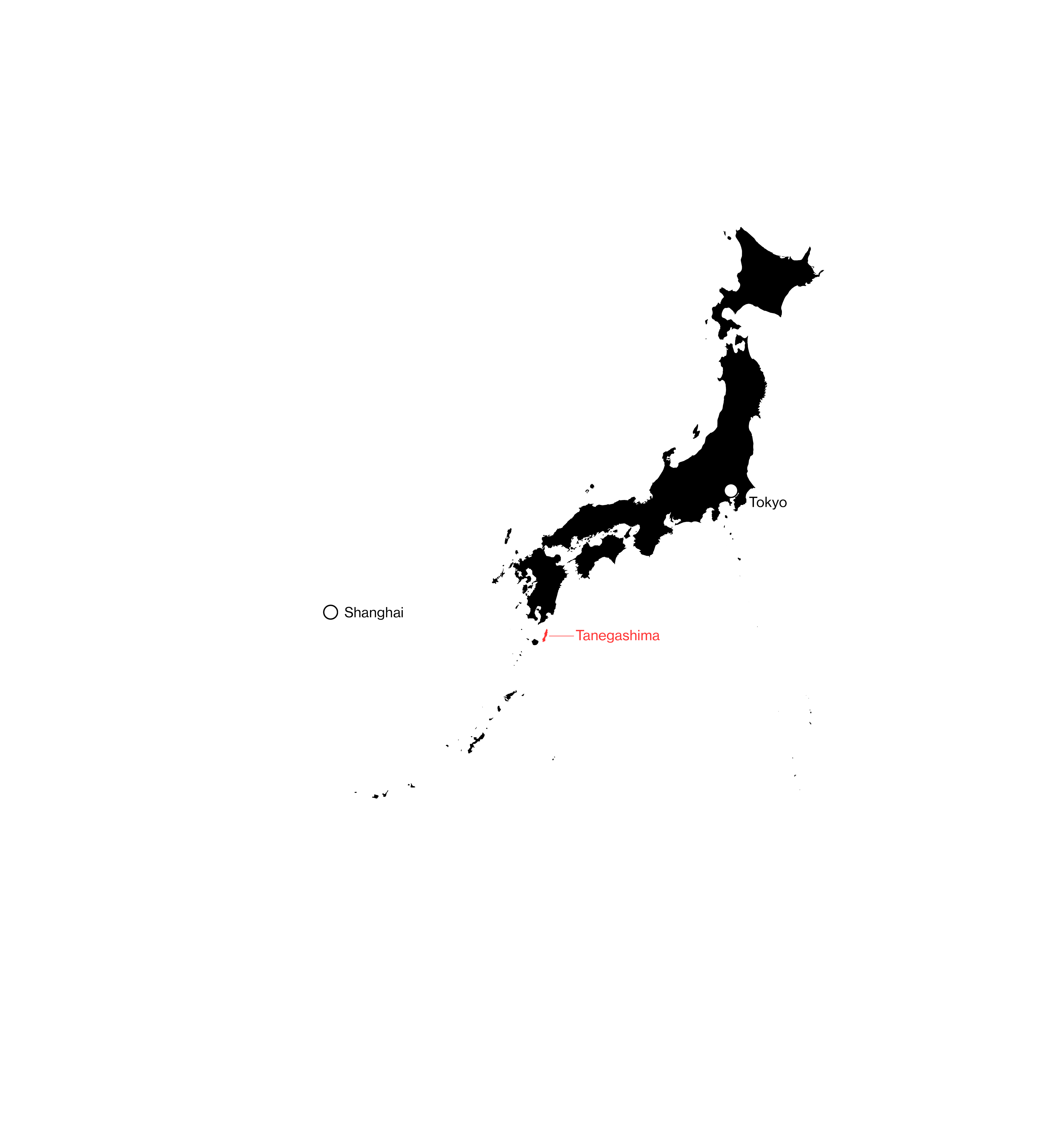 Map showing the Japanese island of Tanegashima, in proximity to Shanghai, China.