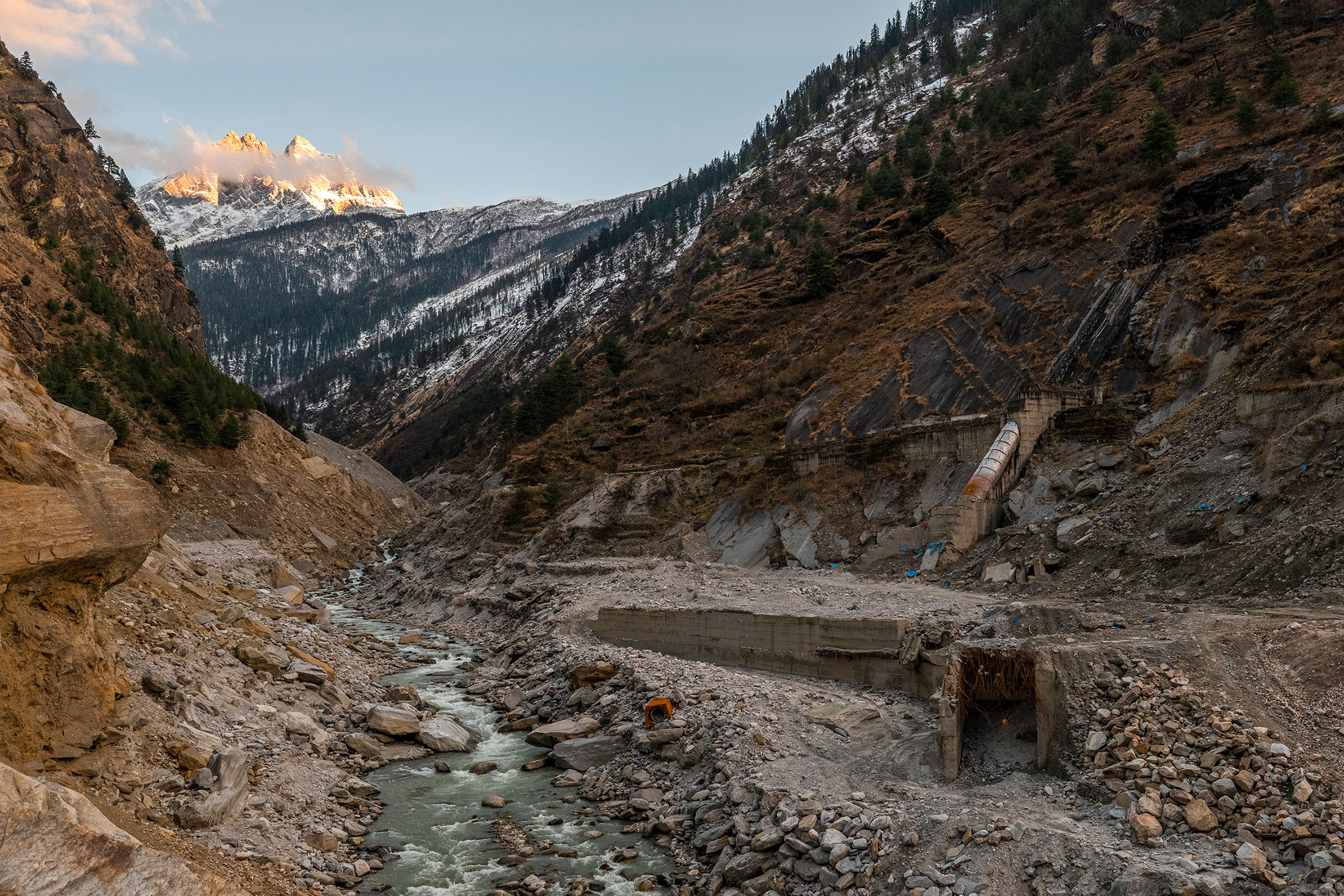 A general view of broken infrastructure of the 35-MW Rishi Ganga project, which took the first blow of the avalanche is seen,  in Chamoli district, Uttarakhand  India, on Thursday, Feb. 10, 2022.