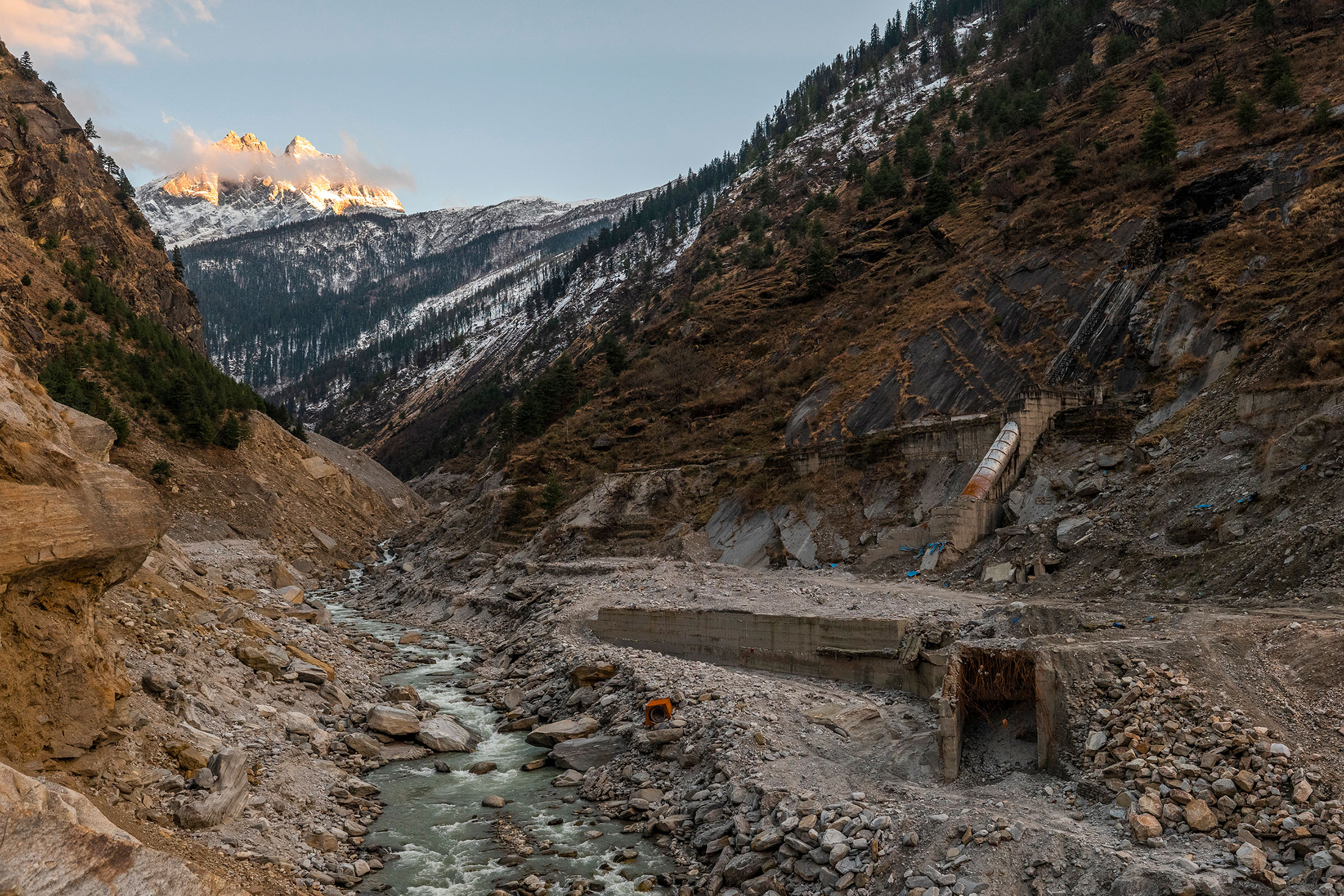 A general view of broken infrastructure of the 35-MW Rishi Ganga project, which took the first blow of the avalanche is seen, in Chamoli district, Uttarakhand India, on Thursday, Feb. 10, 2022.