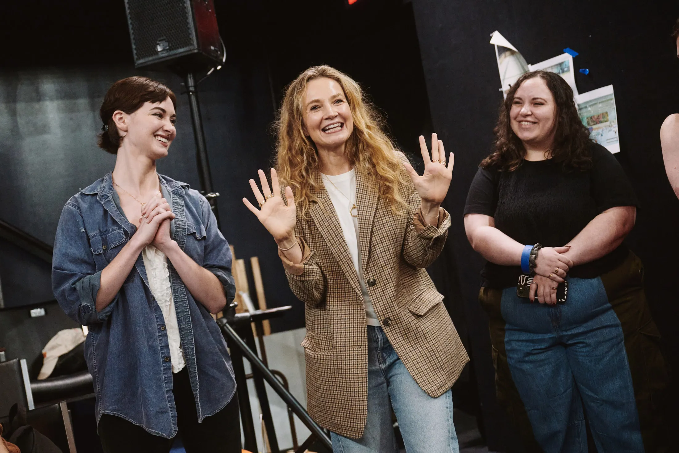 Playwright Bess Wohl (center)&nbsp;with cast member Audrey Corsa and stage manager Andie Burns at the first rehearsal for the Broadway production of&nbsp;Liberation.
