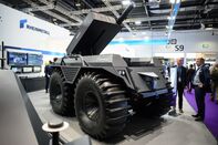 A Rheinmetall unmanned ground vehicle on display at a defense exhibition.
