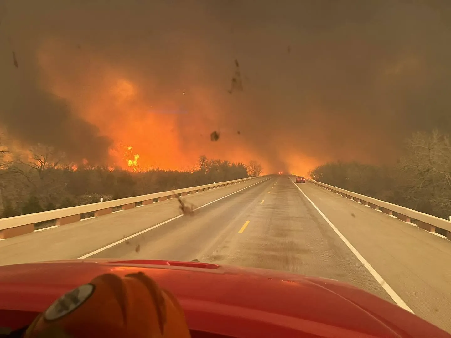 A view of the Smokehouse Creek fire from a fire truck in the Texas panhandle.&nbsp;