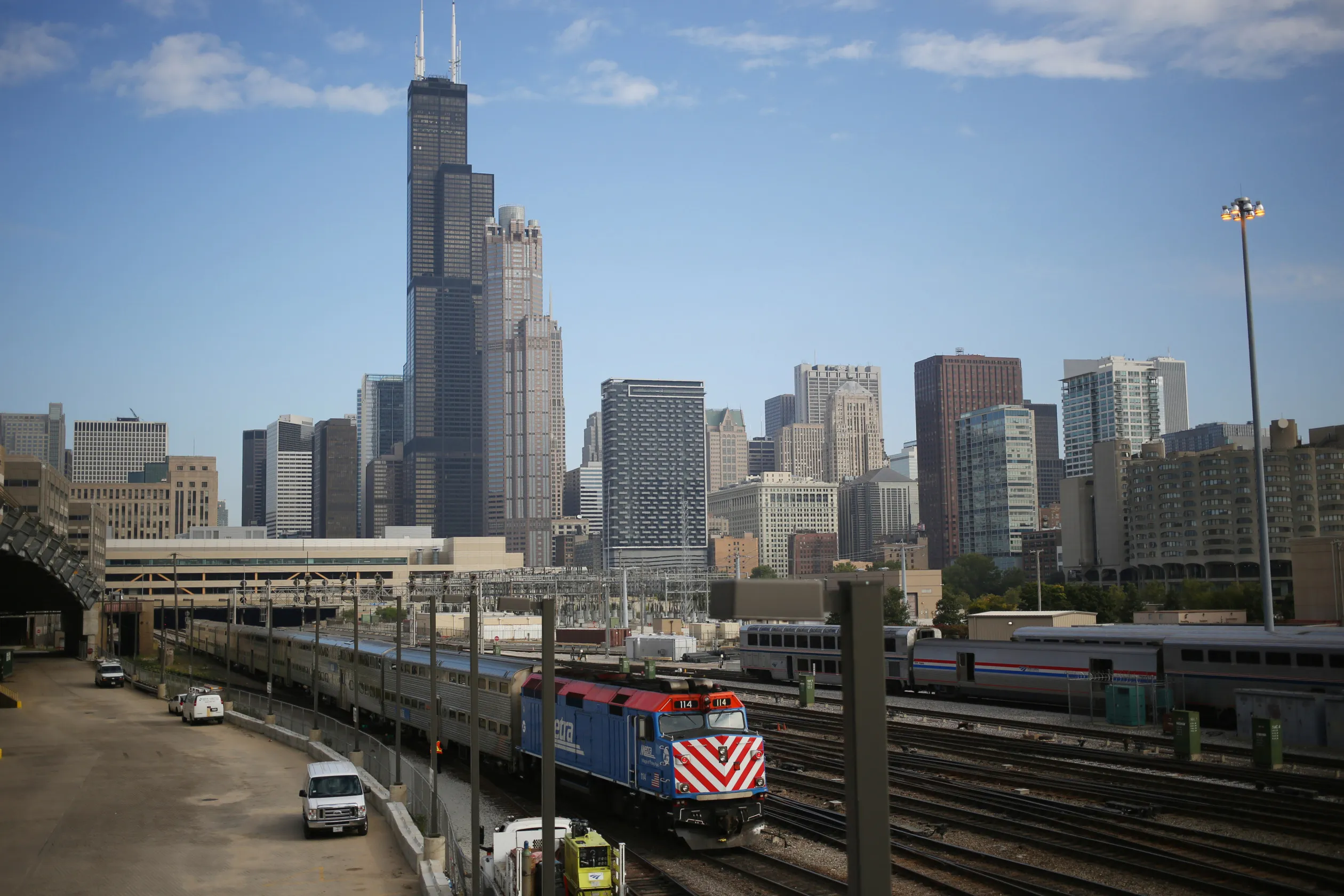 A Metra commuter train departs from Union Station in Chicago.