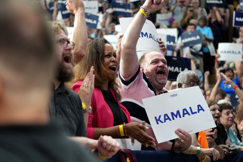 Attendees during a campaign event with US Vice President Kamala Harris, not pictured, in Milwaukee, Wisconsin, US, on Tuesday, July 23, 2024. Harris, thrust suddenly into the fray after Joe Biden announced Sunday that he wouldn't seek reelection, has spent the last two days clearing the field of other potential contenders and securing the endorsement of nearly every major Democrat.