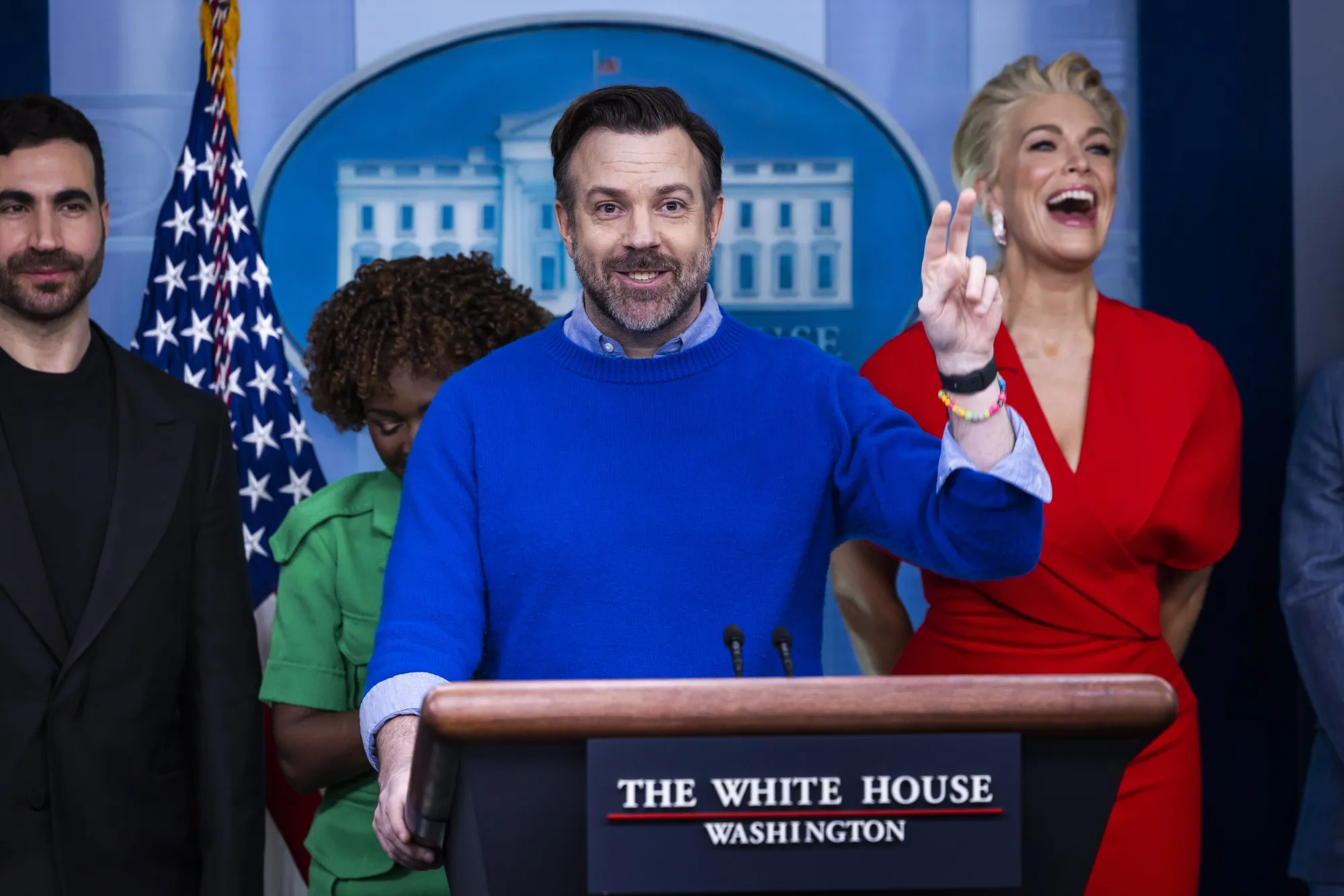 Actor Jason Sudeikis speaks during a news conference in the James S. Brady Press Briefing Room at the White House in Washington, DC, US, on Monday, March 20, 2023.&nbsp;