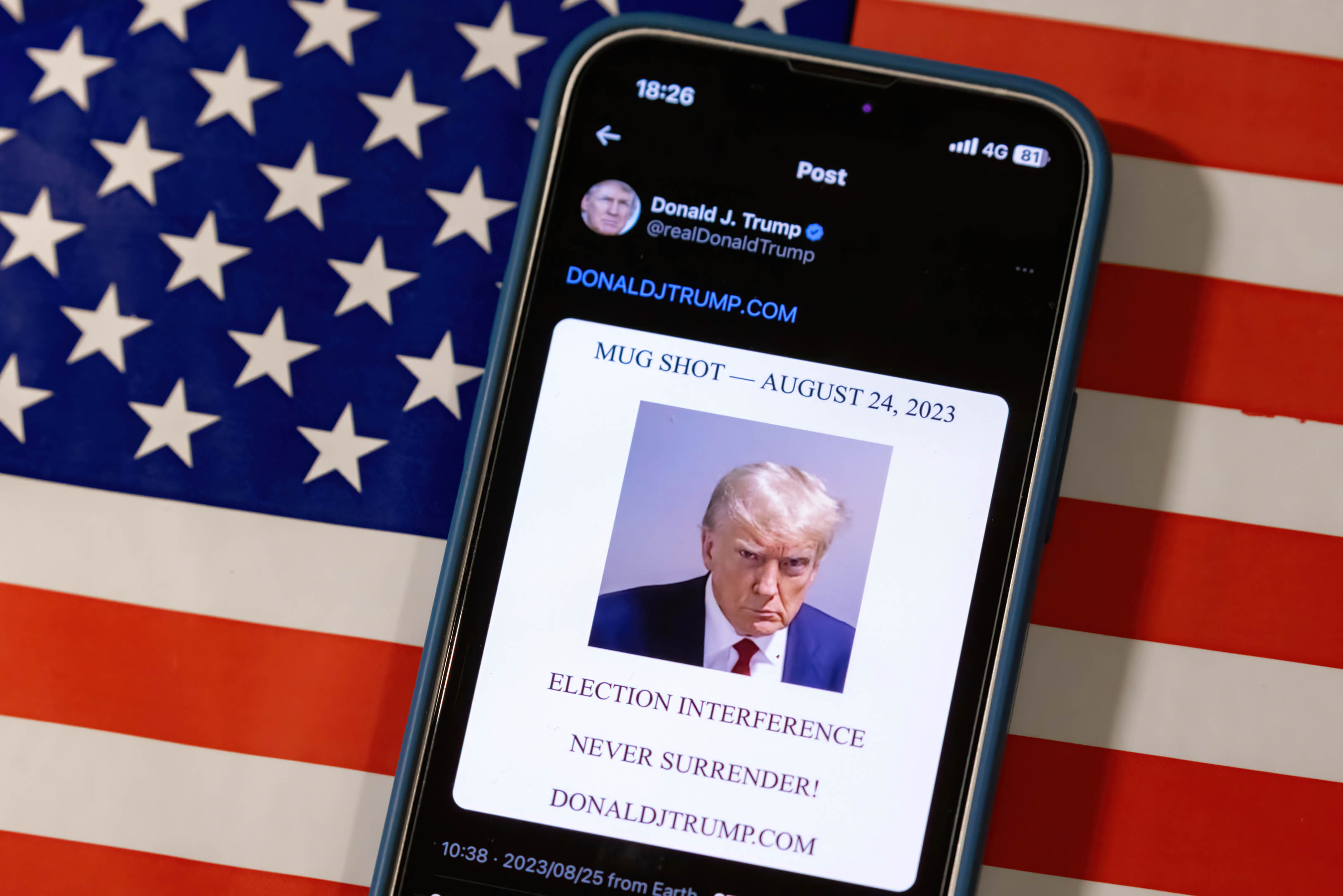 In this photo illustration, Donald J. Trump came back to X formerly known as Twitter to post his mugshot from in a xeet/tweet. Donald J. Trump posted his mugshot on his X account in defiance of his arrest in Atlanta, Georgia and to rally his supporters behind him in his bid for re-election as US President.