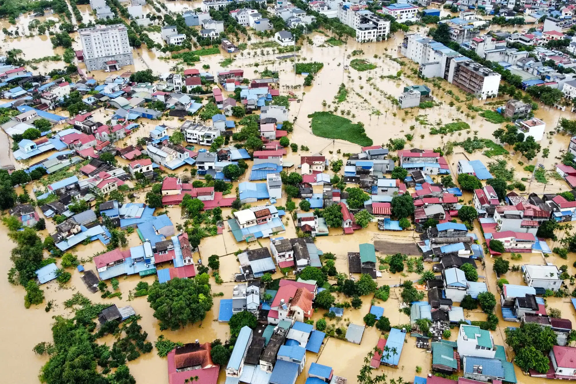 Flooded streets and buildings after the Super Typhoon Yagi hit northern Vietnam in Sept. 2024.
