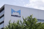 A logo displayed atop the Marelli Corp. headquarters and R&D Center in Saitama.