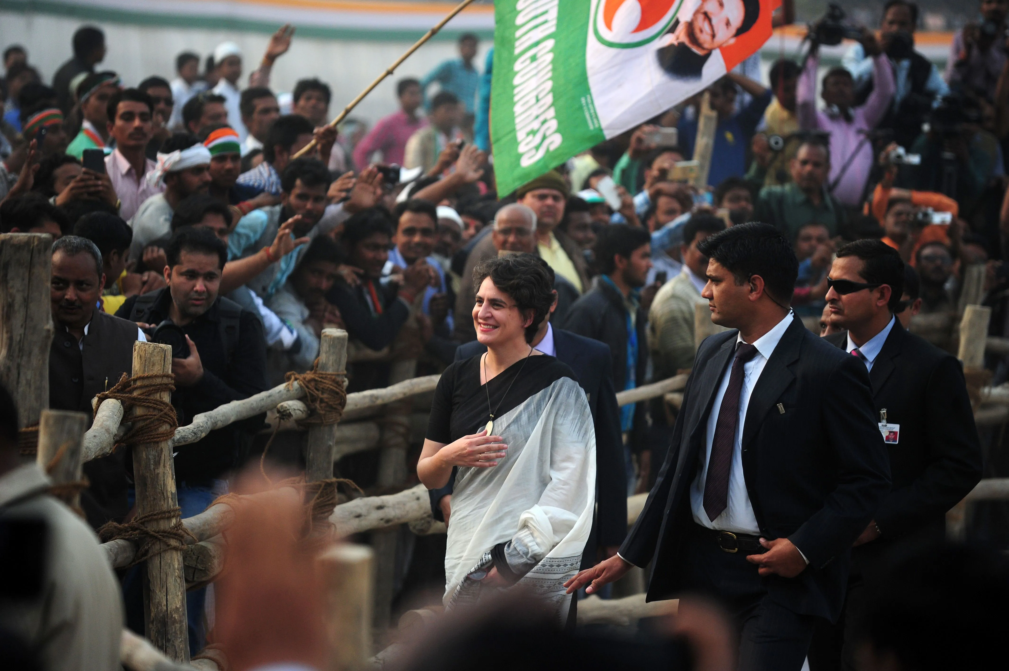 Priyanka Gandhi arrives at a rally during the Uttar Pradesh state assembly elections in Rae Bareli on Feb. 17, 2017.
