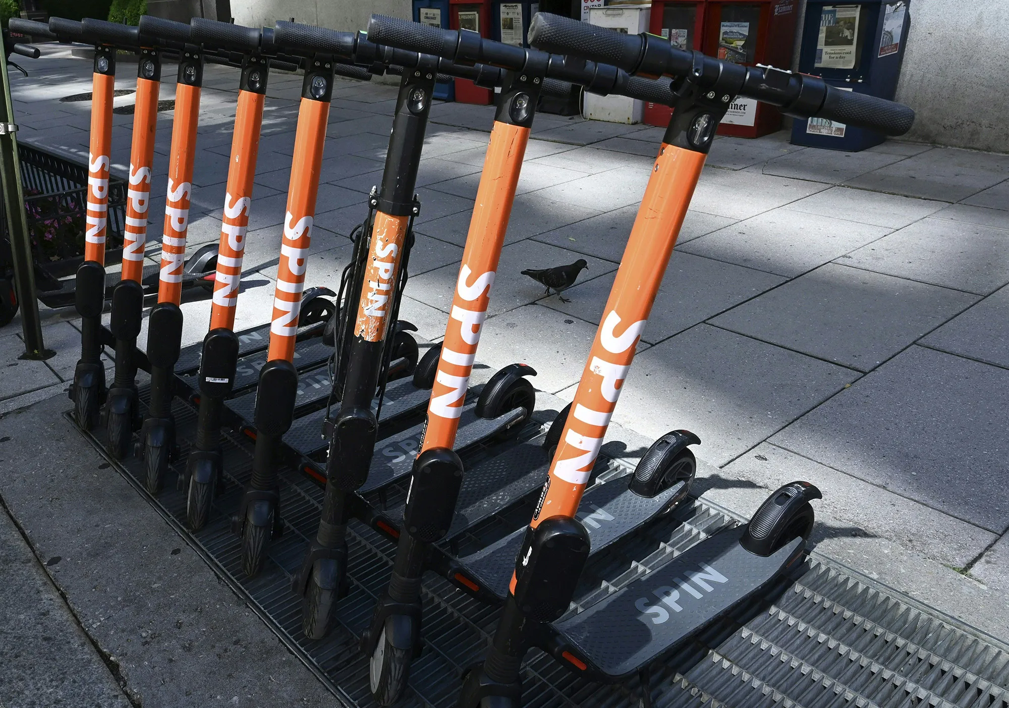 Spin electric scooters lined up on a street in Washington, DC.&nbsp;
