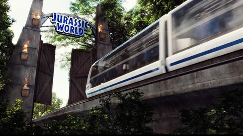 This sleek, high-speed monorail takes visitors on round-trip tours of Jurassic World. Source: Universal Pictures' Jurassic World Featurette, © Universal Pictures/YouTube via Bloomberg