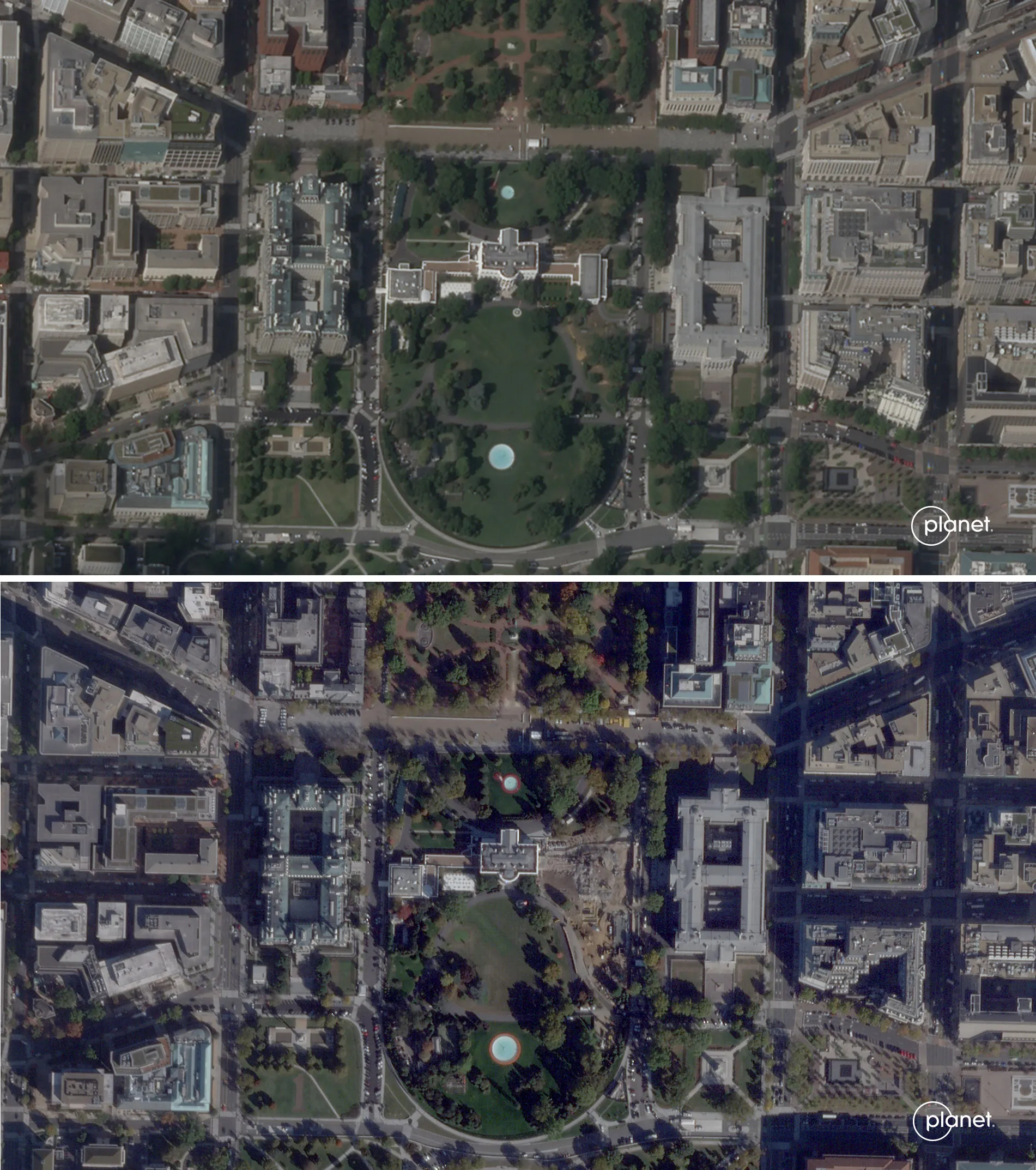 The White House before the demolition of the East Wing (top), and after.