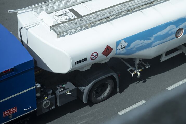 A fuel tanker containing aviation fuel.