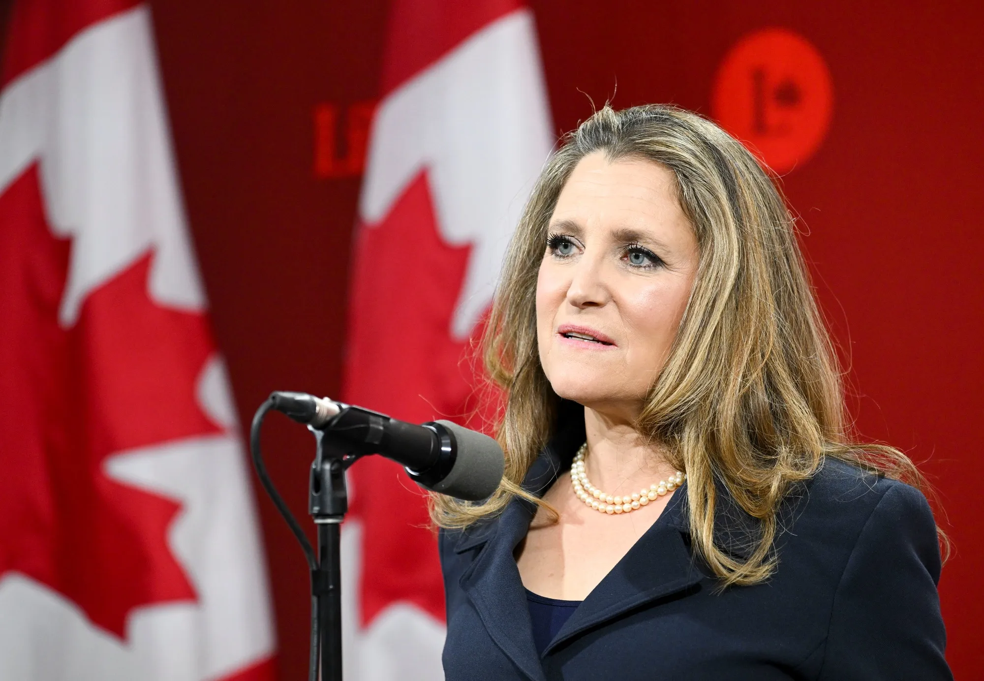 Chrystia Freeland, Canada's former finance minister and Liberal Party leader candidate, speaks to members of the media following a Liberal Party leadership debate in Montreal, Quebec, Canada, on Monday, Feb. 24, 2025. Liberals will decide on a new leader by March 9, which gives the winner of the contest about two weeks before Parliament returns.