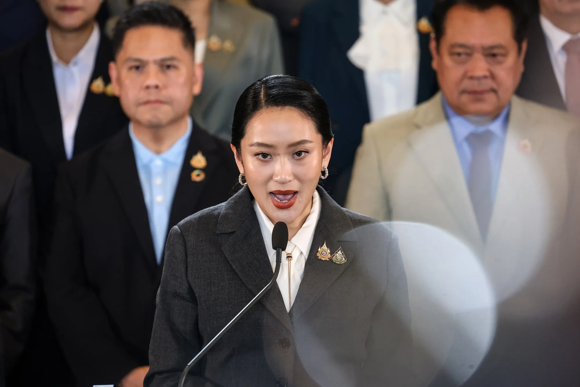 Paetongtarn Shinawatra speaks to members of the media following her dismissal, on Aug. 29.