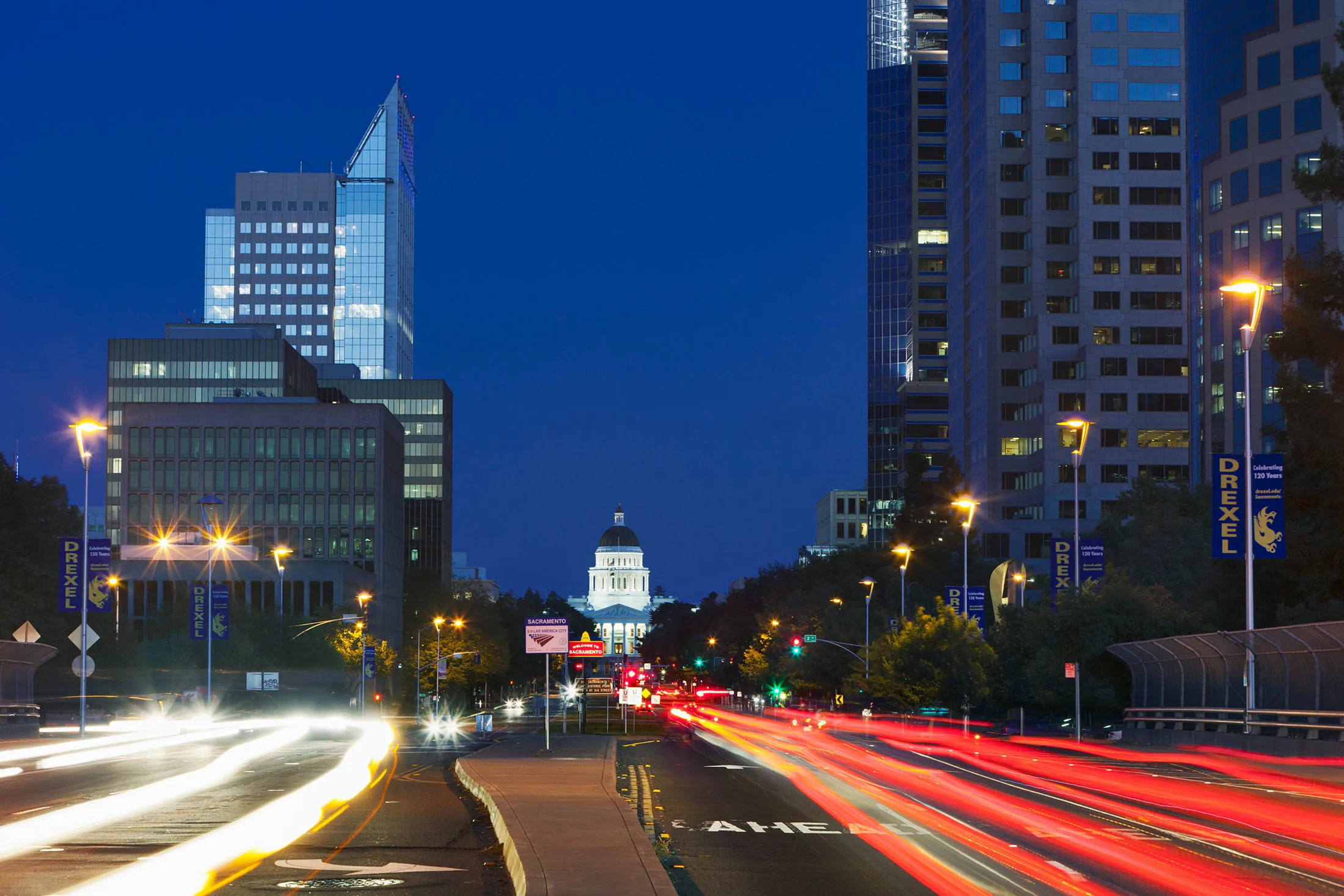 The Capitol Mall at dusk in Sacramento, Calif.