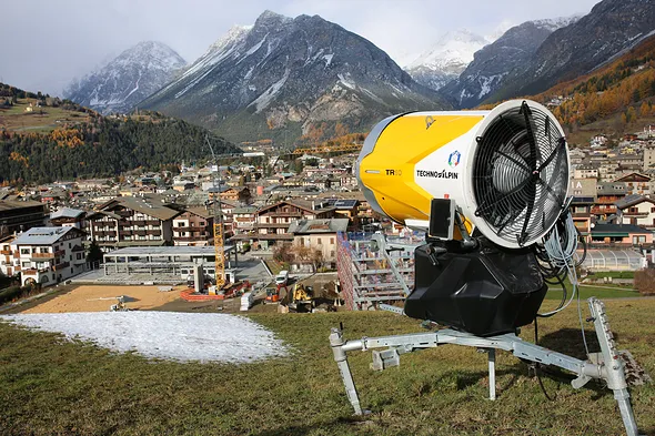 Snow cannons at the site of the Milano Cortina Winter Olympics in 2024.