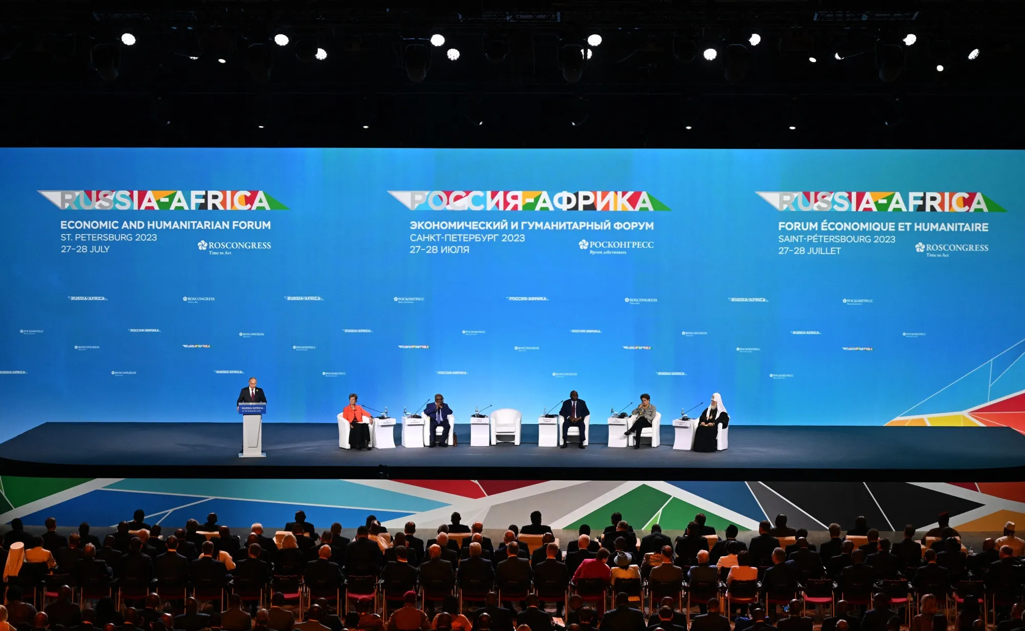 Vladimir Putin at the plenary session of the Russia-Africa summit in St. Petersburg on July 27.