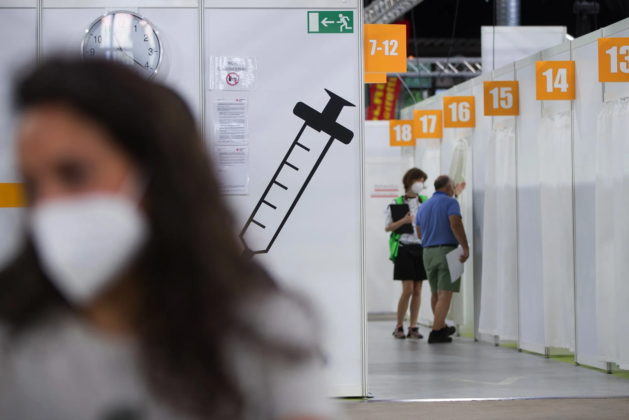 Visitor registration booths at a Covid-19 vaccination center&nbsp;in Berlin, Germany.