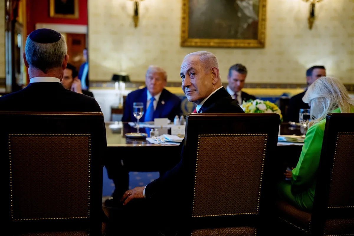 Netanyahu attends a dinner in the Blue Room of the White House in Washington, D.C., on July 7.