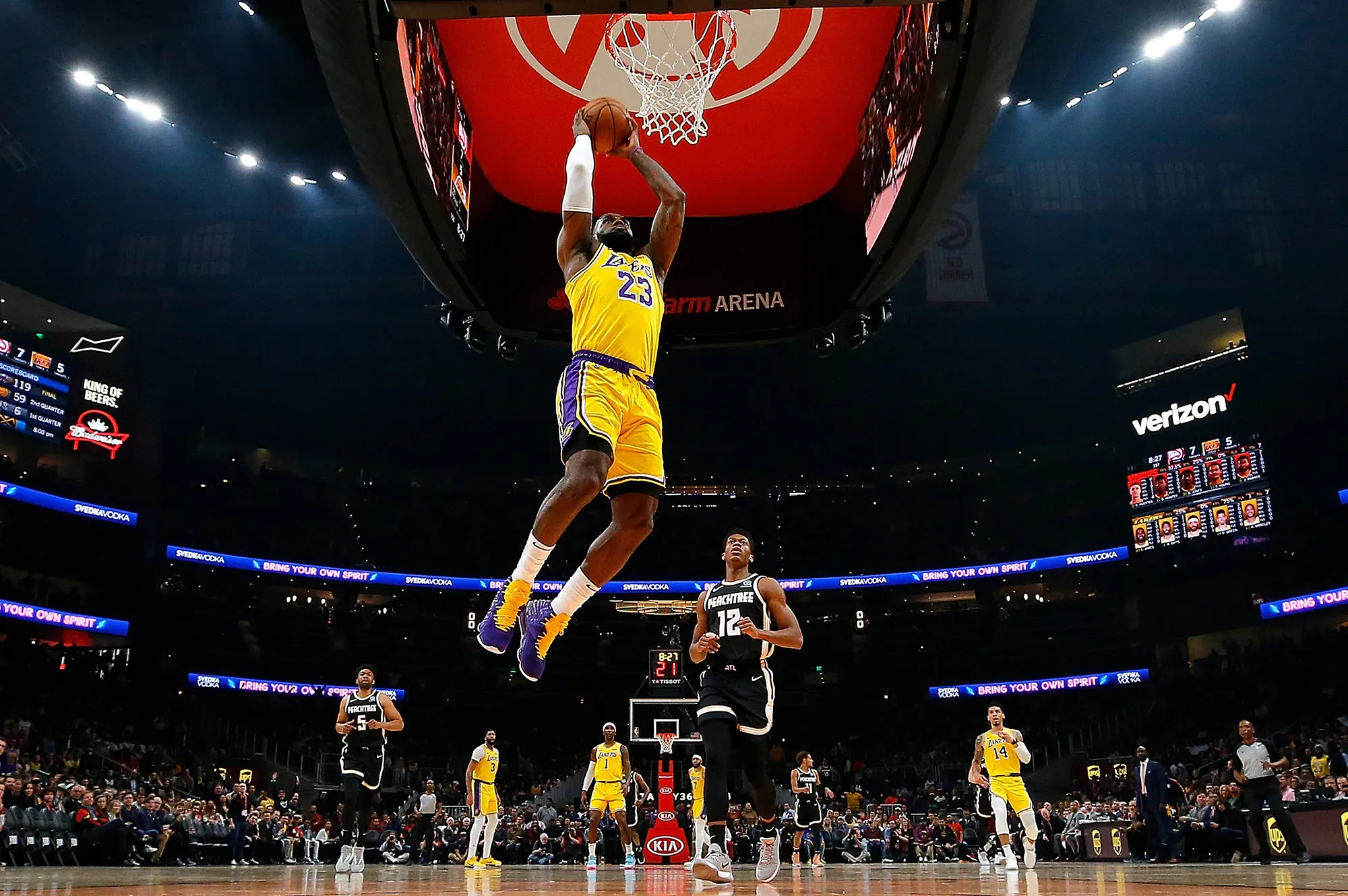 LeBron James of the Los Angeles Lakers dunks against the Atlanta Hawks in&nbsp;2019.