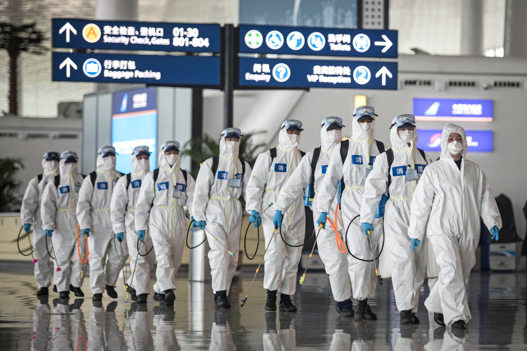 Firefighters prepare to conduct disinfection at the Wuhan Tianhe International Airport on April 3, 2020, in Wuhan, China.&nbsp;&nbsp;