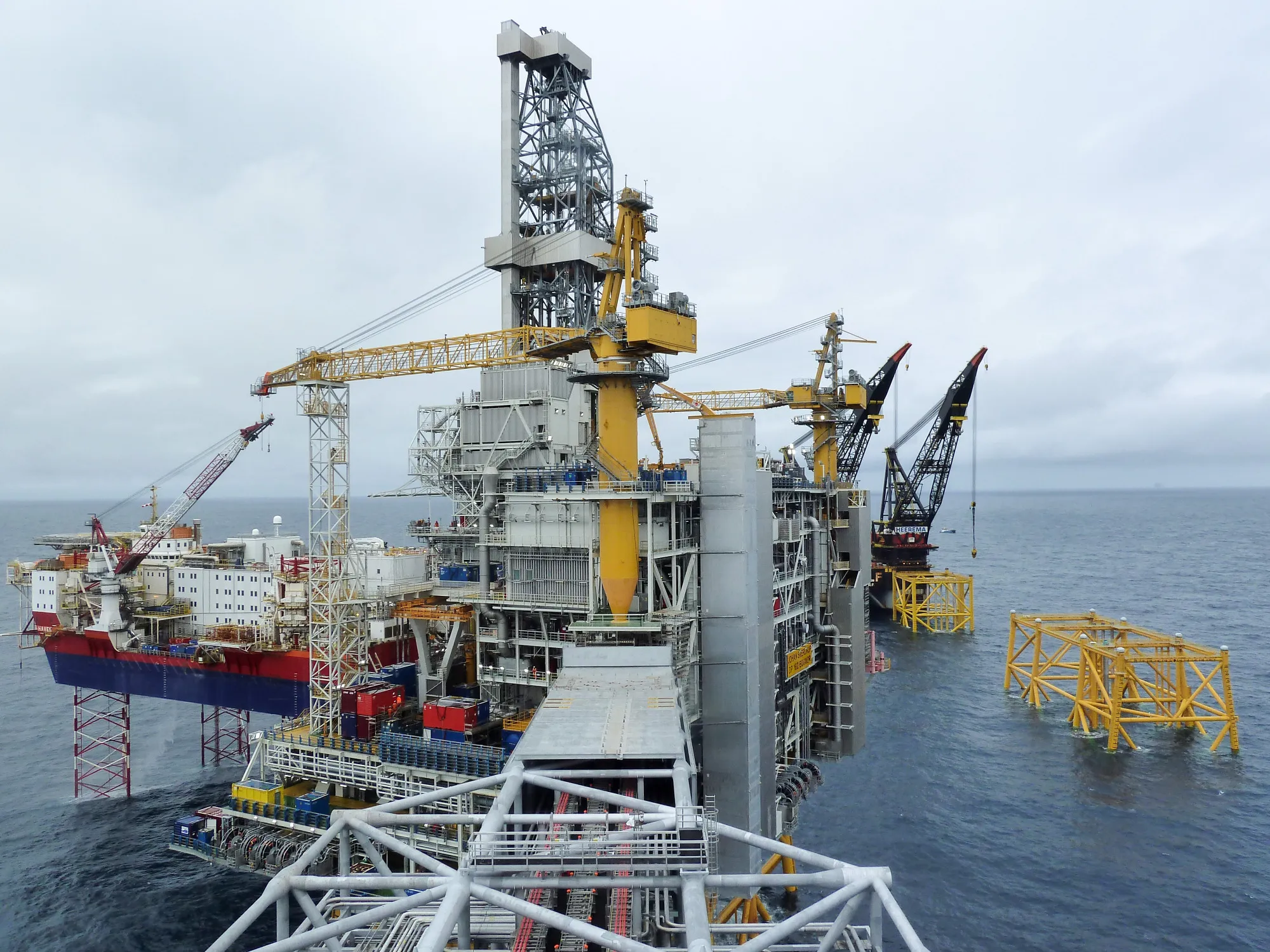The Johan Sverdrup drilling platform, operated by Equinor ASA, center, stands in the Johan Sverdrup&nbsp;oil field off the coast of Stavanger, Norway.