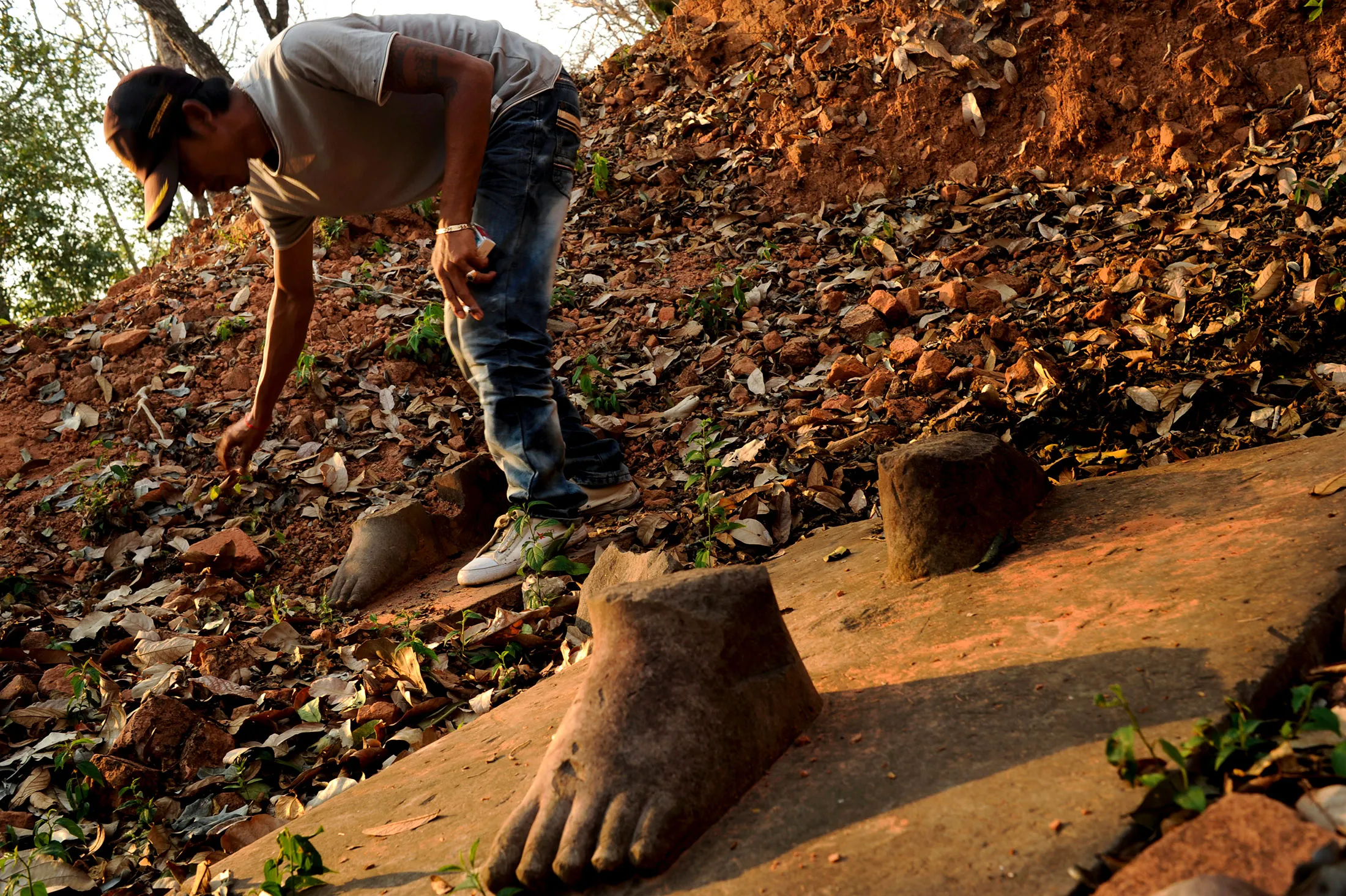 The pedestal and feet belonging to a Khmer statue in Koh Ker, Cambodia.