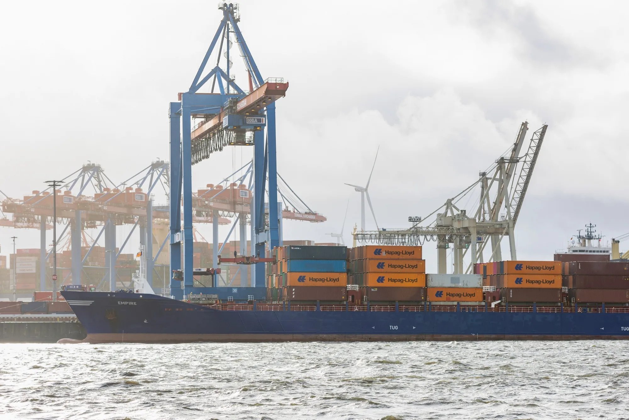 A container ship at the Port of Hamburg in Germany.