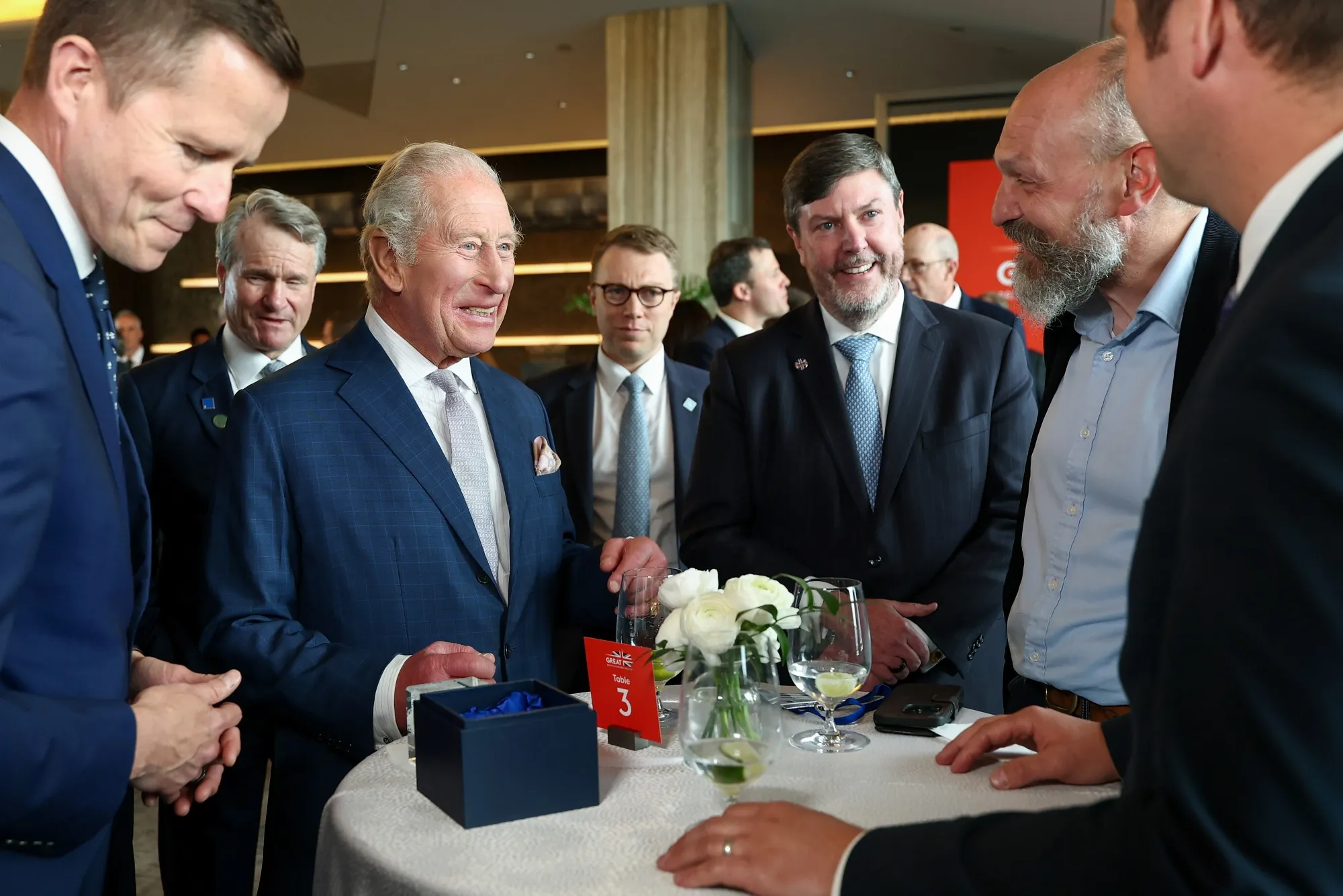 King Charles III speaks with business leaders during&nbsp;a UK-US trade event at Rockefeller Center in New York, on April 29.