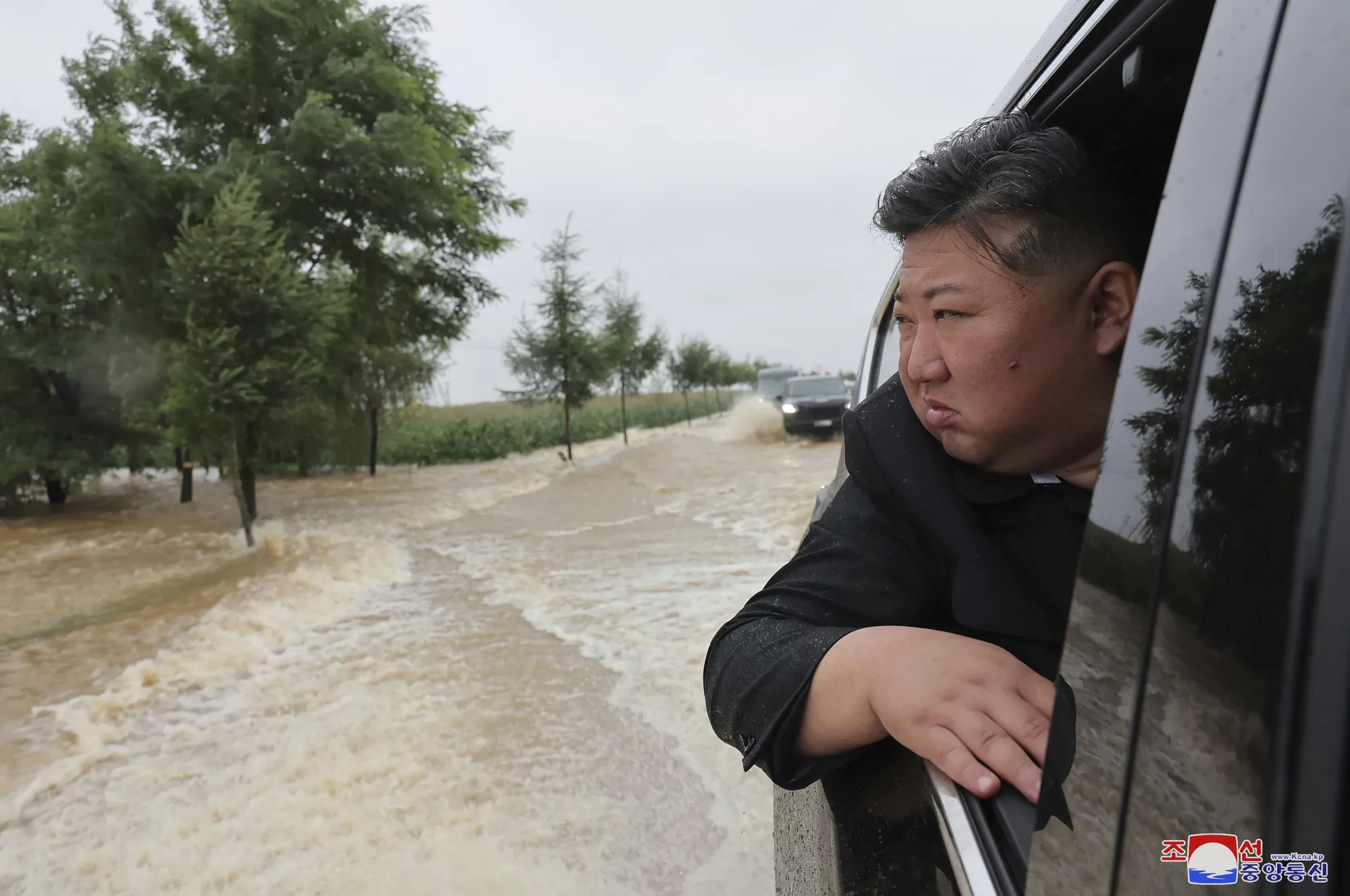 In this photo provided by the North Korean government,&nbsp;Kim Jong Un inspects a flood-hit area in North Phyongan province, North Korea, on&nbsp;July 28.