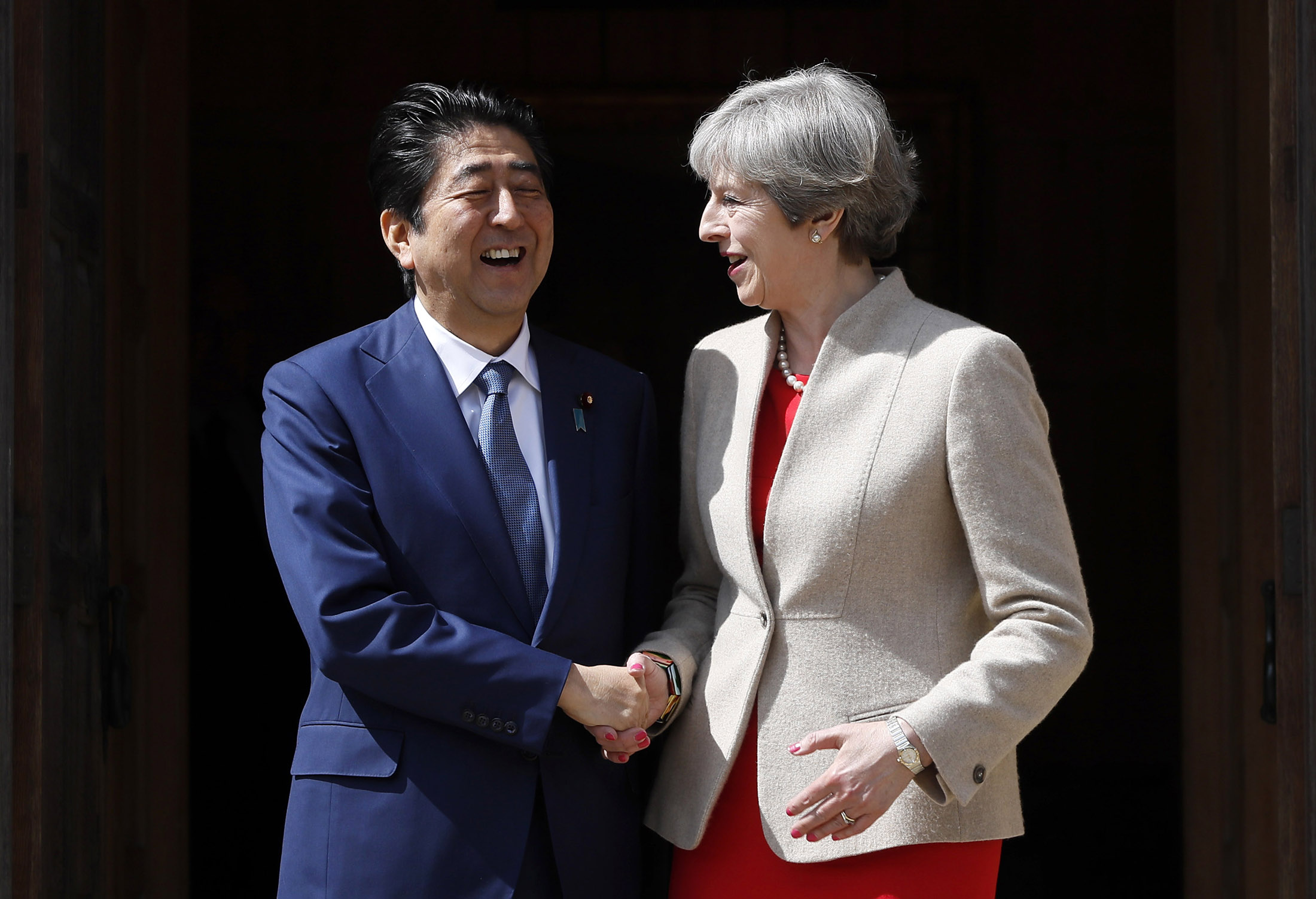 Shinzo Abe with Theresa May in&nbsp;2017.