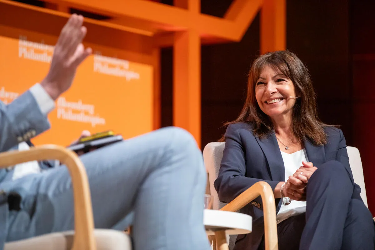 Former Paris Mayor Anne Hidalgo speaks to a global gathering&nbsp;of mayors in Madrid on April 27.