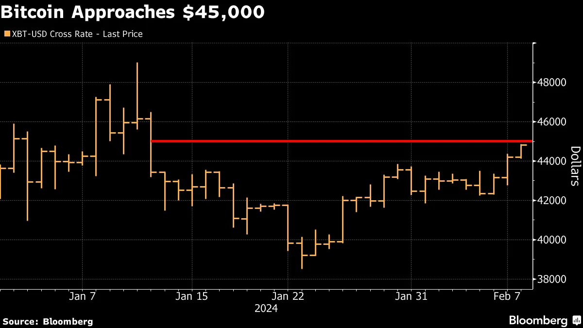 BTC) Bitcoin Price Approaches $45,000 With US Spot ETFs Showing Steady  Inflows - Bloomberg