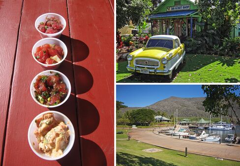 (Clockwise from left) Four kinds of poke are on offer at the Lanai Poke Market; the Dis N Dat Shop, with a vintage Nash Metropolitan out front; the Manele small-boat harbor.